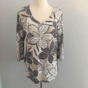 Women’s V Neck TUNIC TOP Gray & White Floral 3/4 sleeve year-round wear NEW SZ L